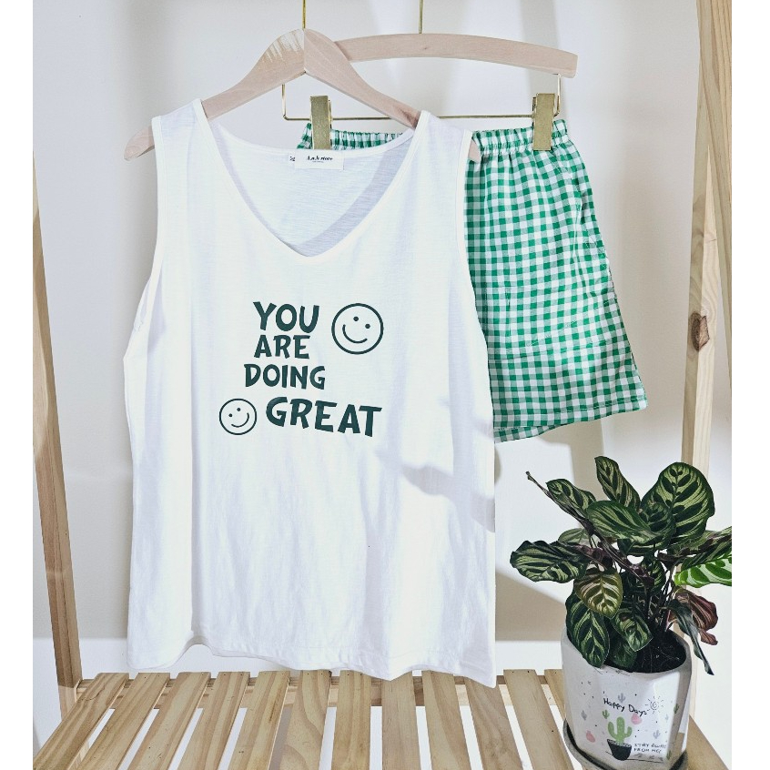 Bộ sát ƞách nữ quần caro IN hình thời trang ANHSTORE , Set 3 lỗ nữ vải cotton in hình thời trang áo xược quần caro