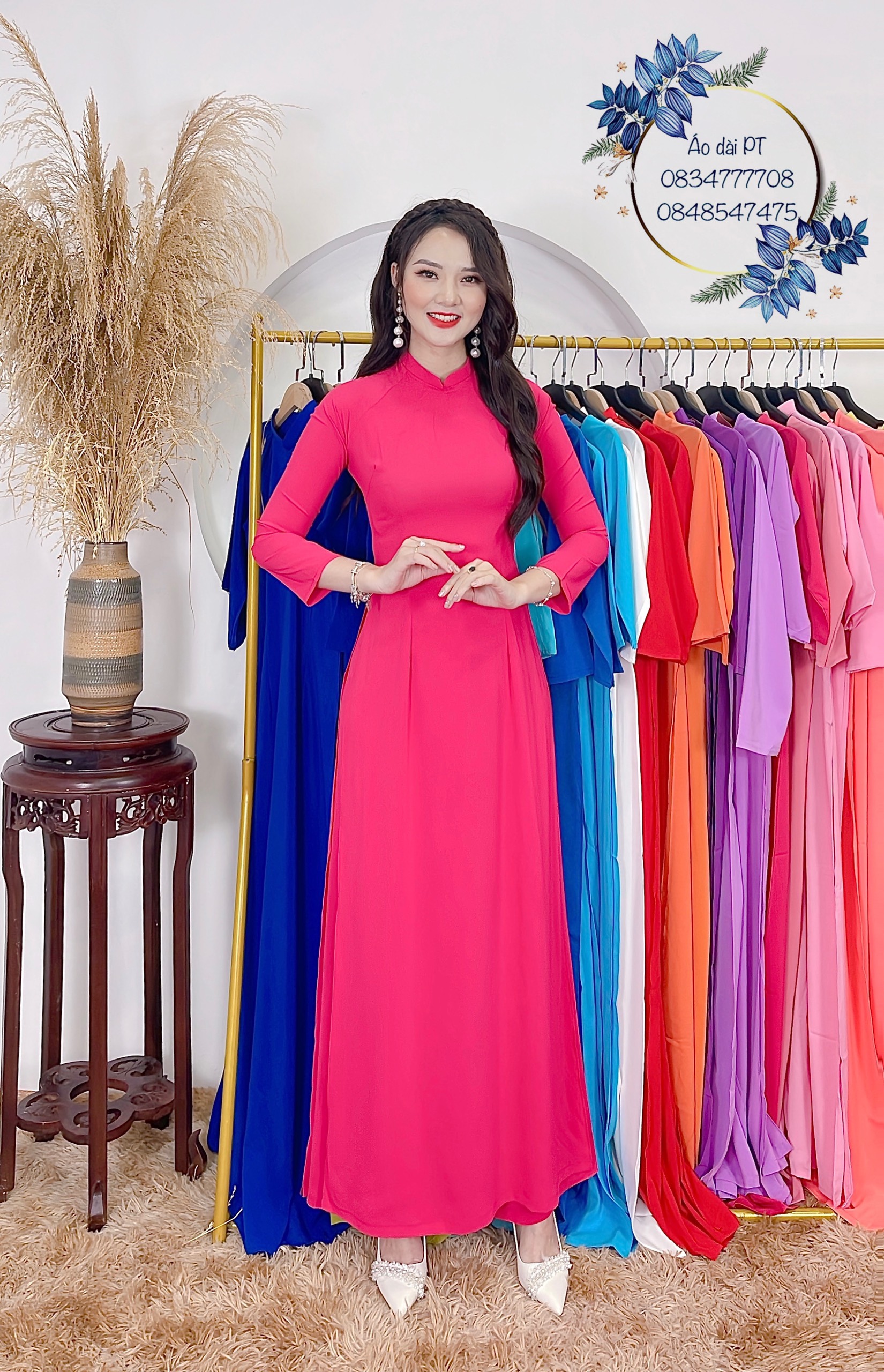 Áo dài trơn lụa nhật cổ 2 phân màu hồng đậm ak12344555