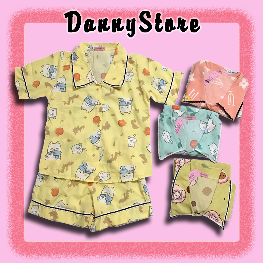 Đồ bộ Pijama ngắn, Đồ bộ lụa Mango họa tiết dễ thương cho nữ