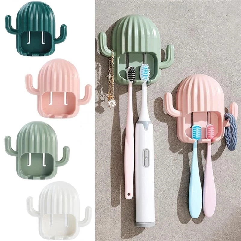 Creative Cactus Shape ABS Toothbrush Holder with Hooks Wall Mounted Toothbrush Storage Rack Bathroom Supplies