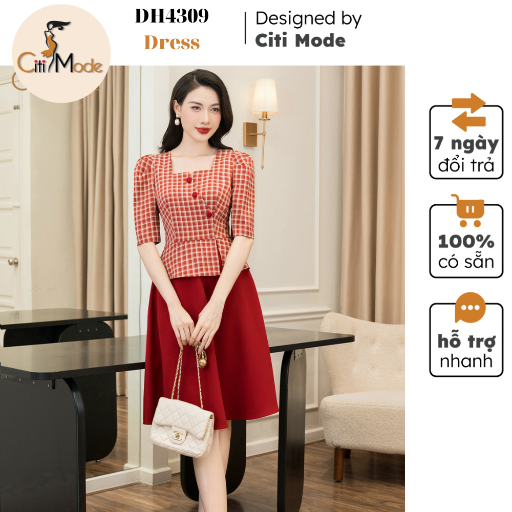Aa18-đầm công sở citi mode fashion thiết kế dáng xòe peplum cổ vuông kẻ phối chân đỏ dh4309