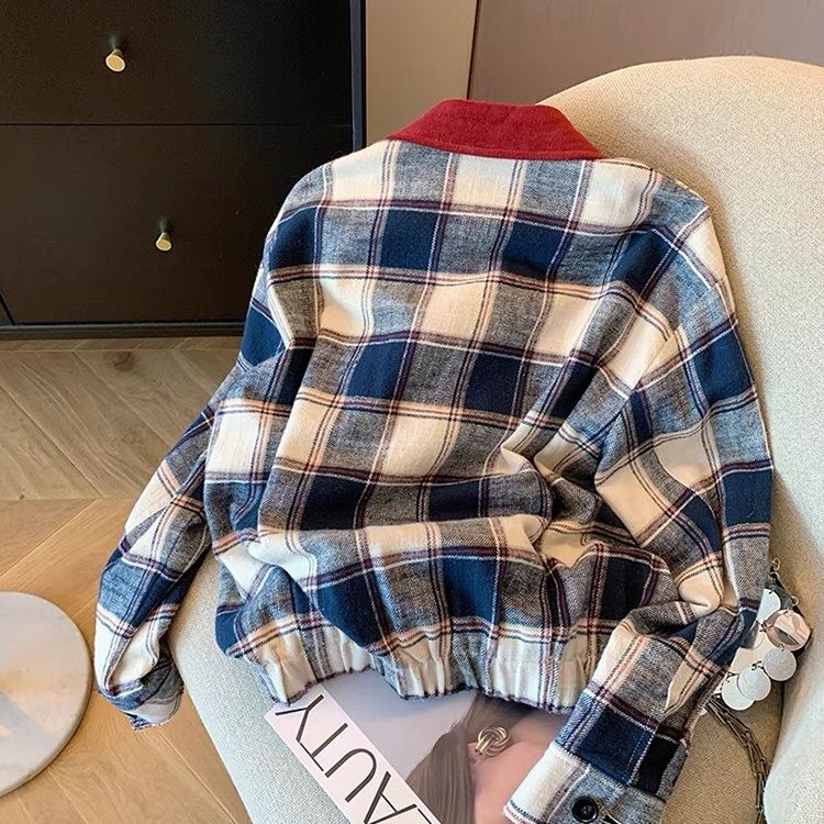 Contrast Color Checkered Lapel Baseball Coat Women's Autumn Winter 2024 Retro Loose Casual Jacket Top Trend Women Coat