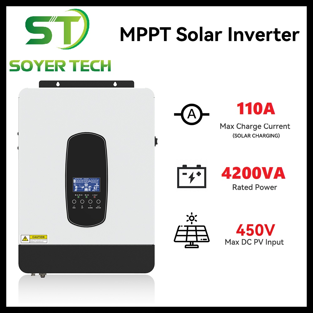 Bộ biến tần năng lượng mặt trời mppt 4.2kva pv 55v-450v hybrid inverter tích hợp pin 110amppt hỗ trợ sạc pin lifepo4 24v