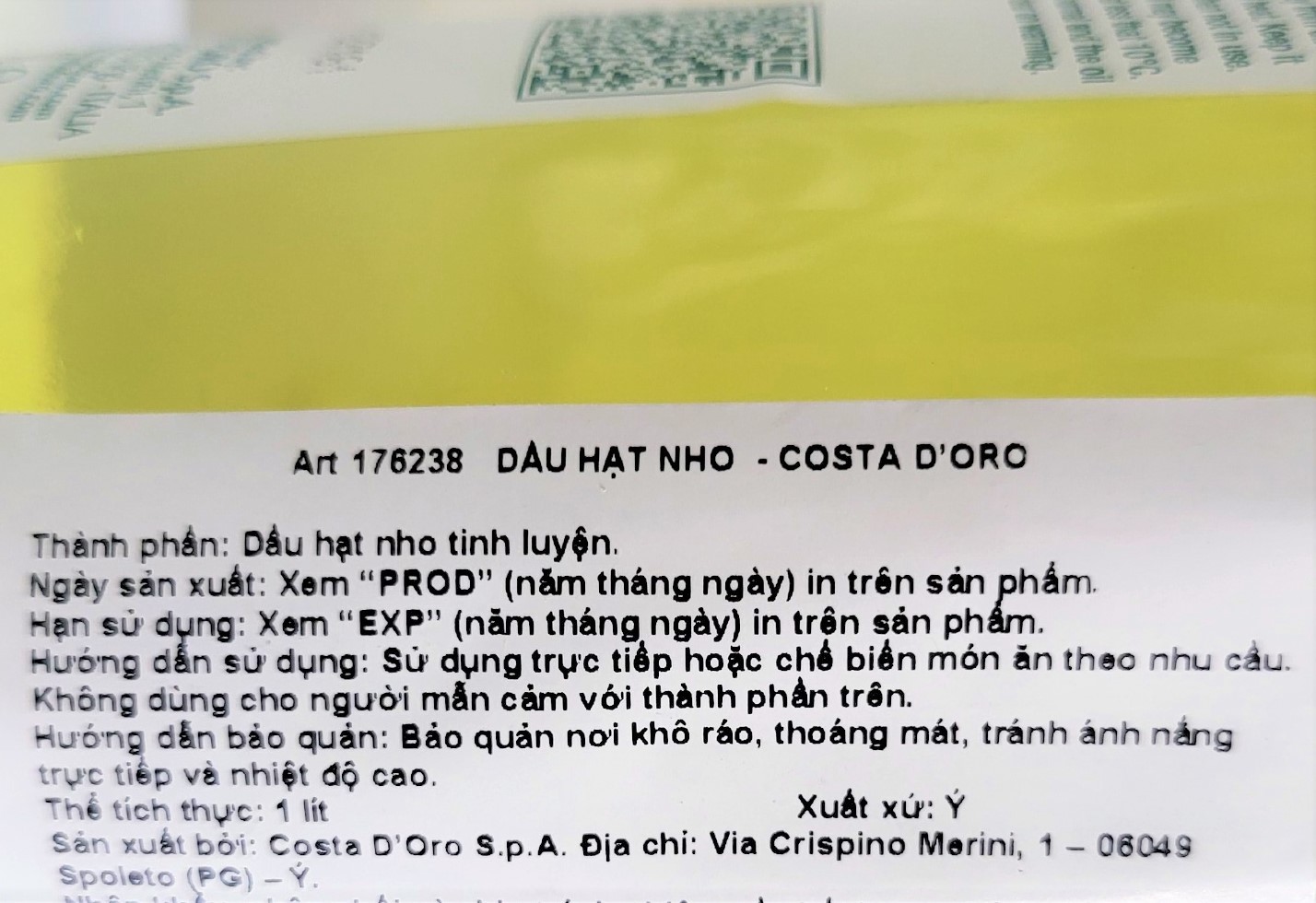 [Chai 1 Lít] DẦU HẠT NHO [Italia] COSTA D’ORO Grapeseed Oil