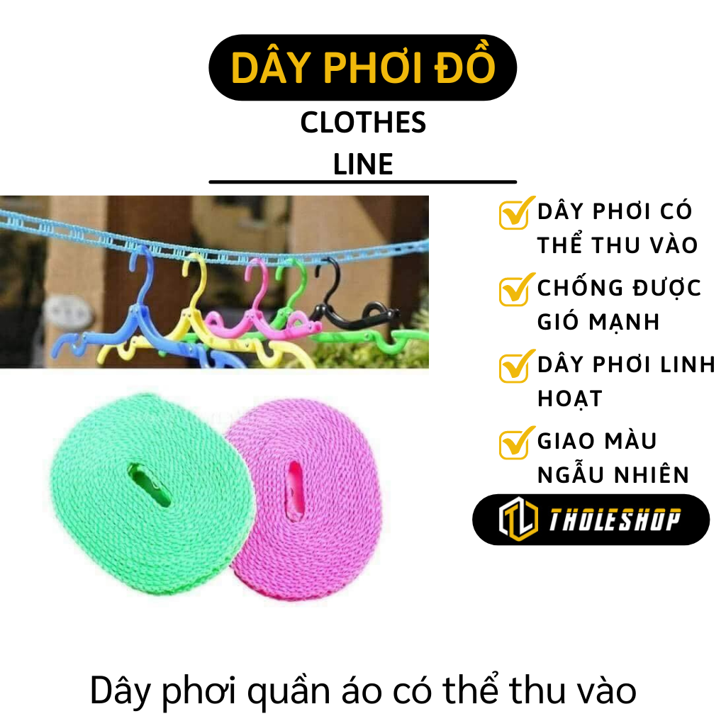 Dây phơi đồ thông minh 5m - Cuộn dây nhựa phơi quần áo bền chắc, có lỗ để treo chống bay móc