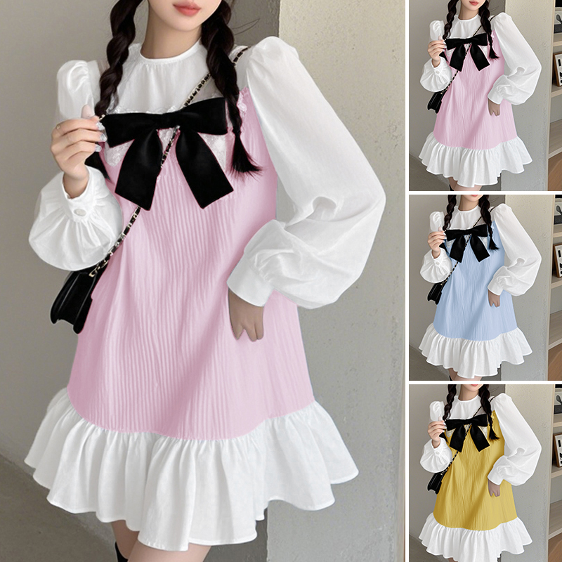 VONDA%20Women's%20Fashion%20Crew%20Neck%20Bowknot%20Contrast%20Dress%20Sweet%20Bubble%20Sleeve%20Ruffle%20Girlish%20Dresses%20(Korean%20Floral)%20-%20Image%204