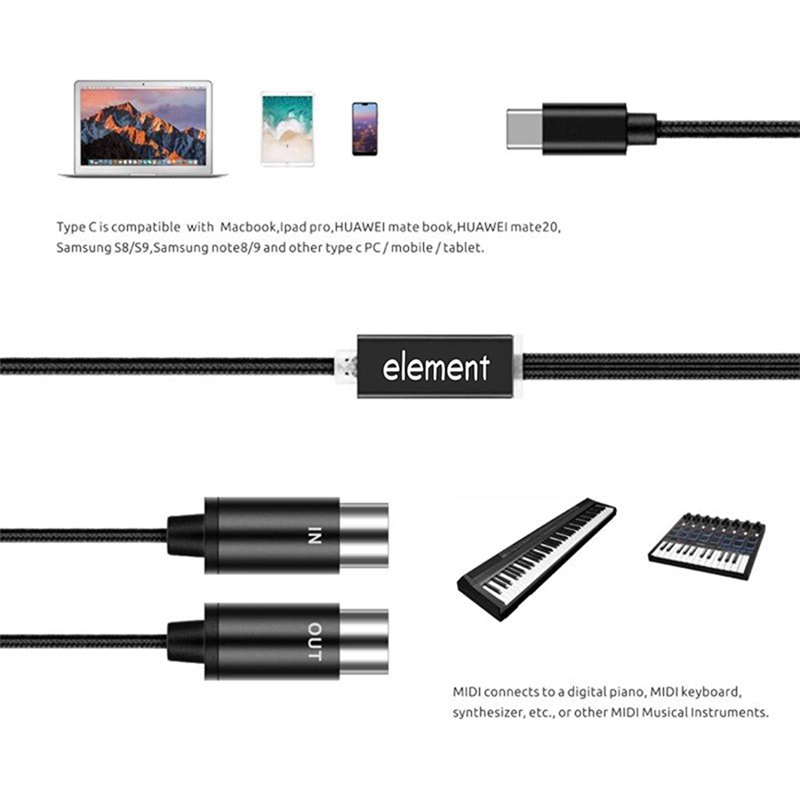 MIDI to USB C Type C Cable USB MIDI Converter with Indicator Light for Electronic Organ Computer