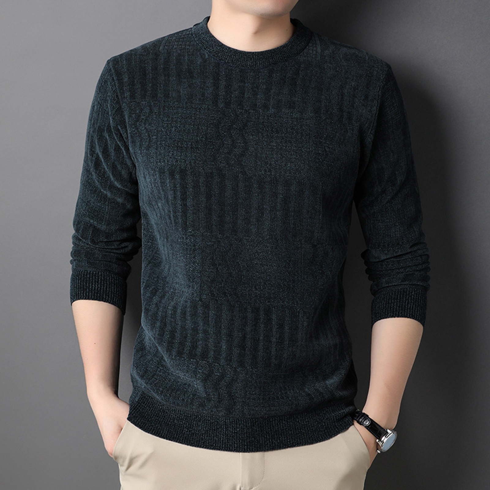 Gestrickter Langarmpullover für Herren, einfarbig, gemütlicher und warmer Strickpullover für Herren, elastisch und Übergröße, Perfect208_voghion.com