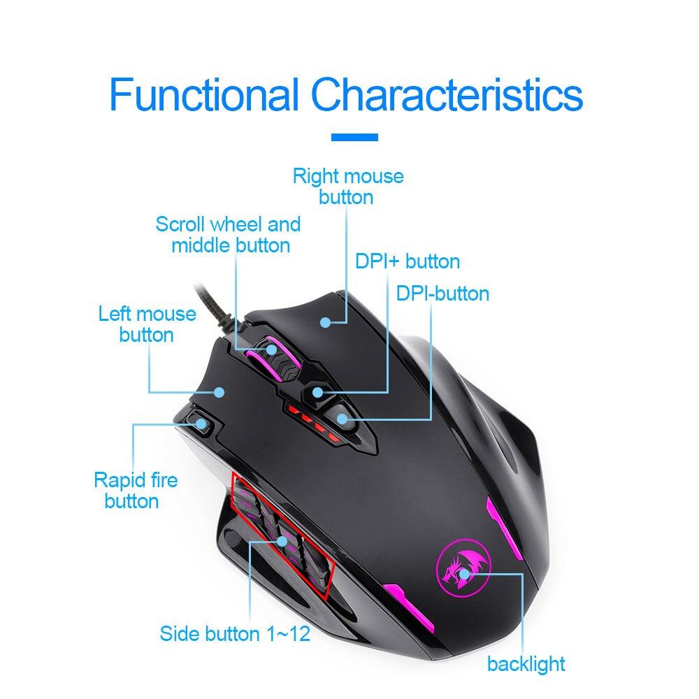 REDRAGON M908 Impact USB Wired RGB Gaming Mouse 12400 DPI 17 Buttons Programmable Game Optical Mice for Computer PC Laptop Meimiao
