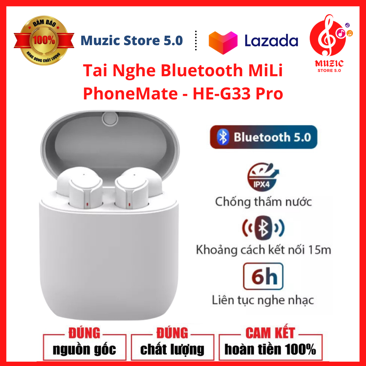 Tai Nghe Bluetooth MiLi PhoneMate - HE-G33 Pro. Tai Nghe Nhét Tai Cao Cấp Công nghệ bluetooth V5.0 hiện đại, chống nước, âm thanh sống động chân thực, thời lượng pin tốt. Bảo Hành 12 Tháng
