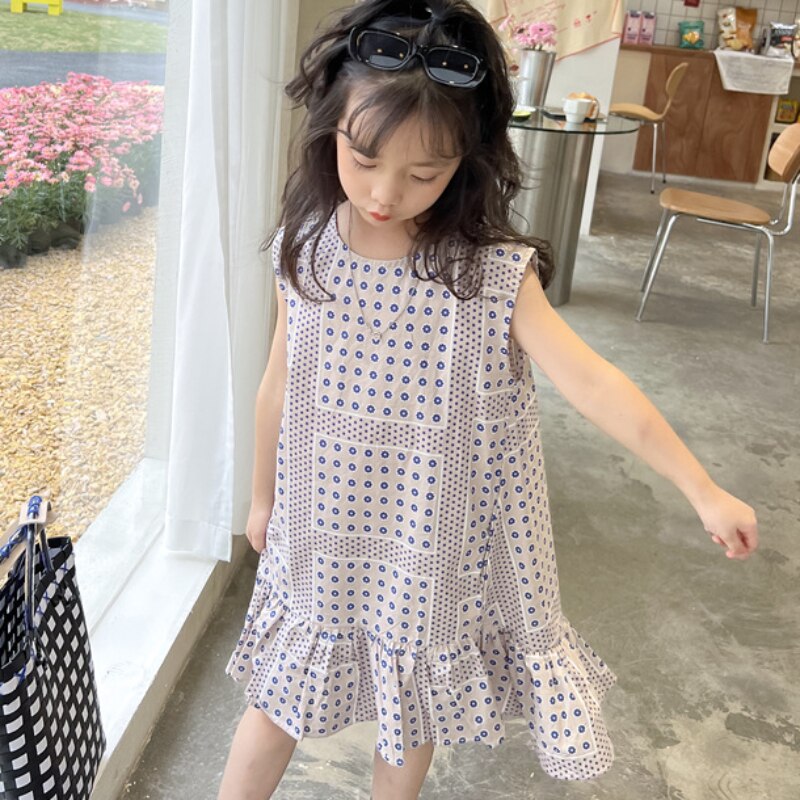 Summer New Korean Girl Little Flower Children Sleeveless Dress Kids Clothes