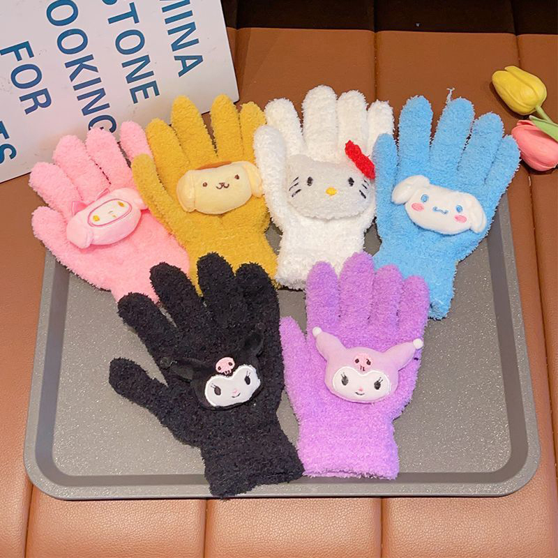 1Pair Kawaii Cute Kuromi Melody Cinnamoroll Kt Cat Gloves Cartoon Five Finger Gloves Fashion Autumn Winter Warm Student Gloves Bayline.