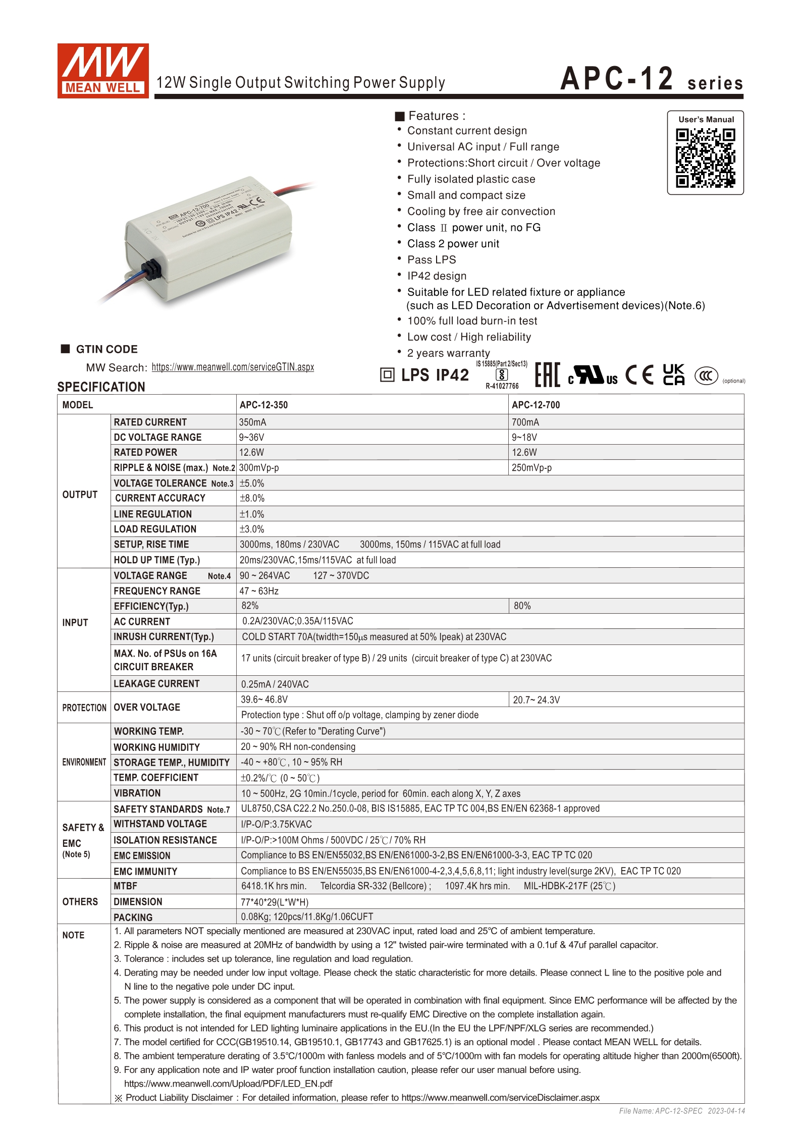 MEAN WELL APC-12 Series 12W 350mA 700mA Constant Current Output Power ...