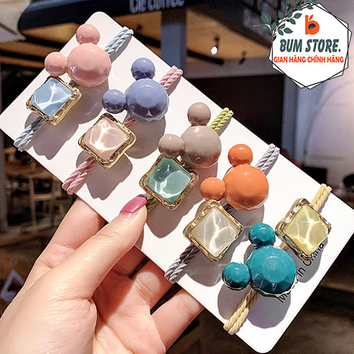 Dây buộc tóc cute đính pha lê vuông và mặt chuột Mickey tinh tế, Dây cột tóc Hàn Quốc thời trang mặt chuột Mickey to - BUM STORE