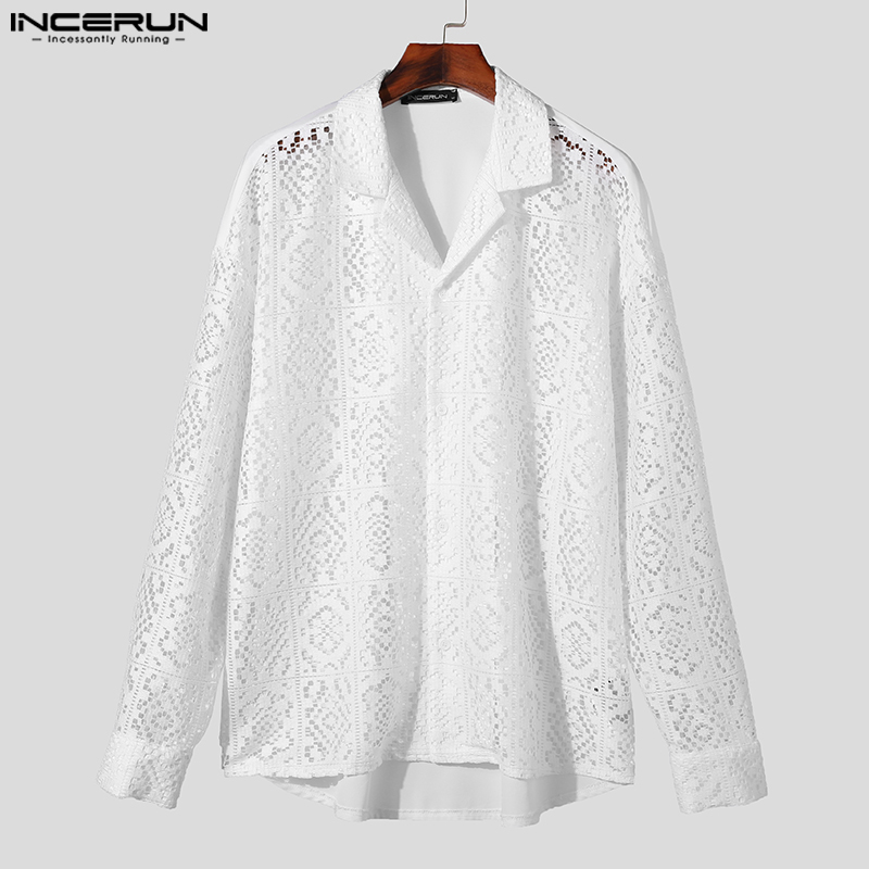 INCERUN Mens Long Sleeve Vintage Lace Leisure Loose Blouse Hollow Out Printed Button Down Shirts