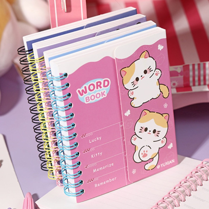Cdaily|Cute Cat Small Notebook Mini Word Notebook Student English Word Memory Book Coil Small Notebook Portable Notebook Pocket Notebook