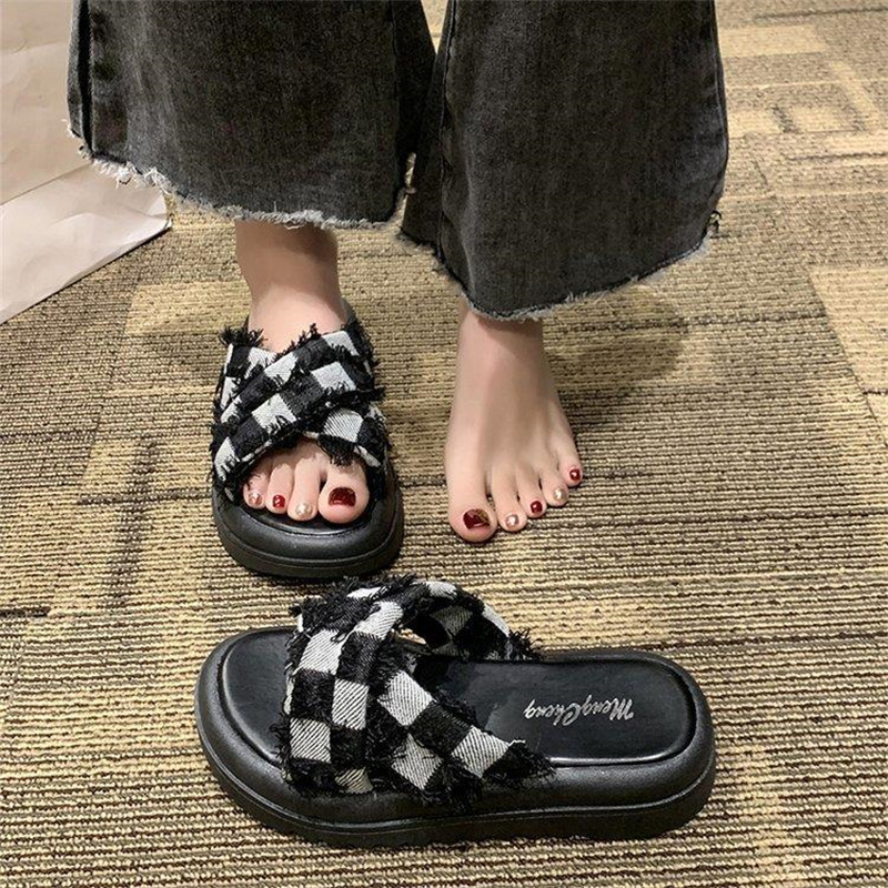 Mingsheng Thick-soled slippers women wear new plaid flat-bottomed cool slippers women