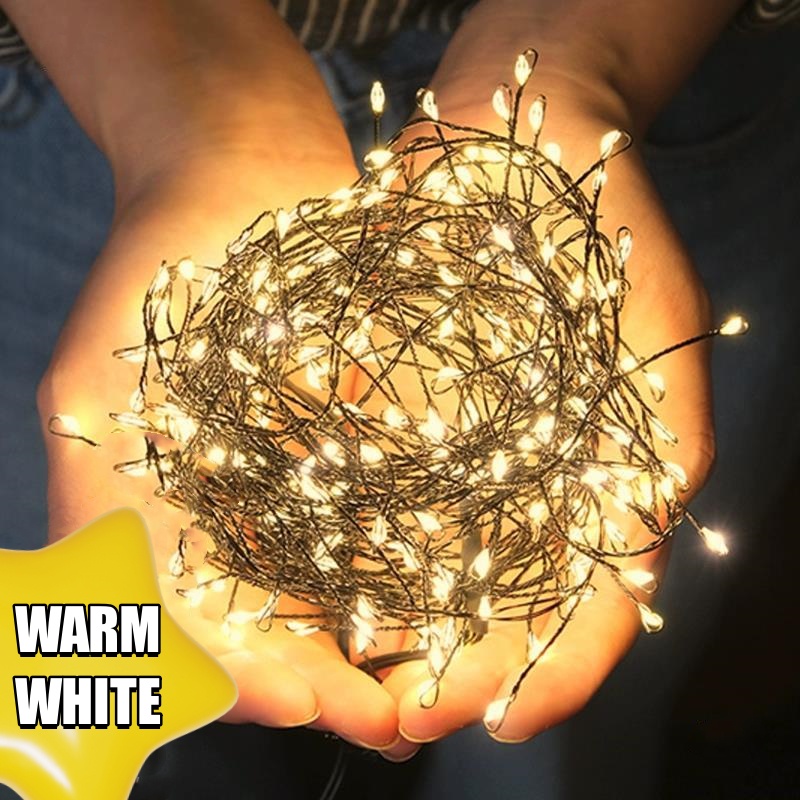 6m 200 LED Copper Wire Light Plug in Firecracker Light String Black Wire Warm White Light Romantic Christmas Holiday Decorative Light 24V Connection Connected in Series