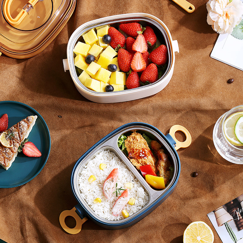 Simple oval-shaped double-layer stainless steel lunch box large-capacity handle compartment lunch box student lunch box