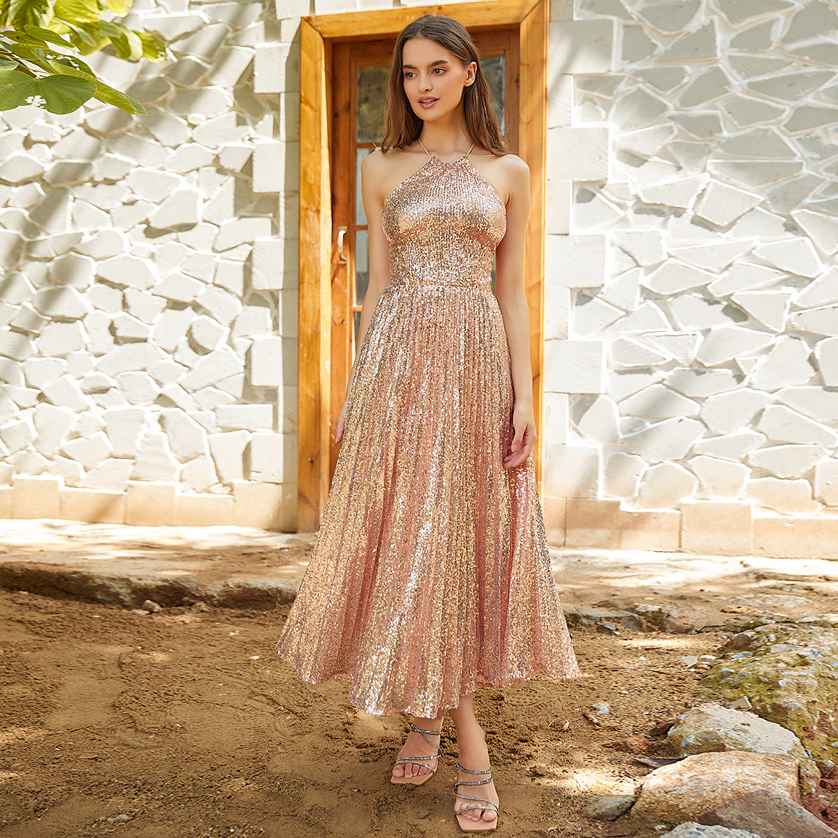 Dress Sexy Open Back Pleated Hanging Neck Open Back Dress Sequin Midlength Dress