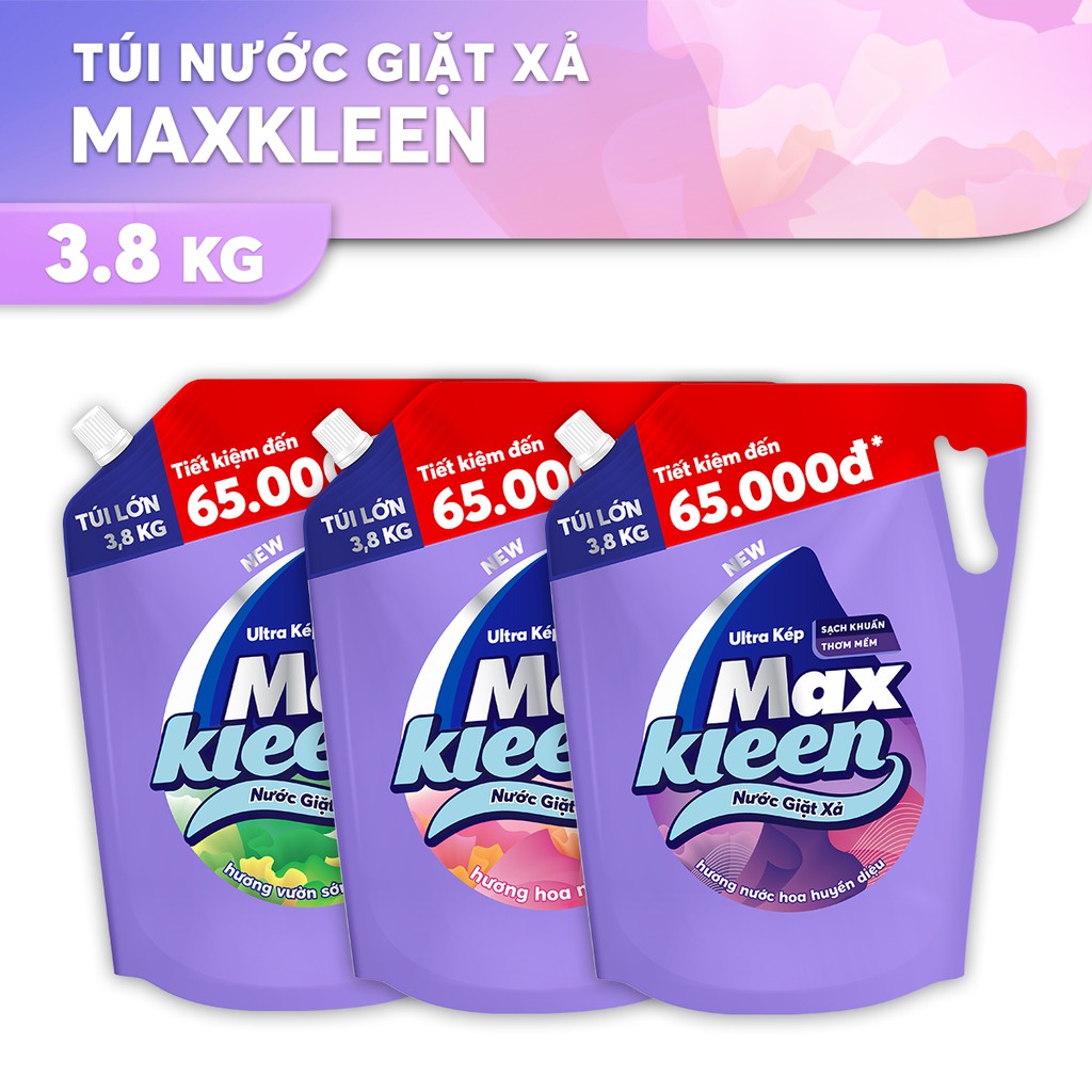 (HCM) NƯỚC GIẶT XẢ MAX KLEEN TÚI 3.8L (3 HƯƠNG)
