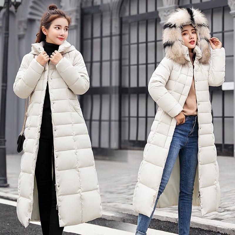 Áo khoác phao dáng dài cổ lông