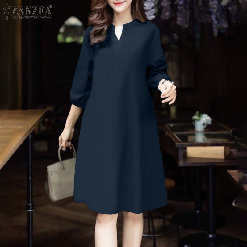 ZANZEA%20Korean%20Style%20Women%20Office%203/4%20Sleeve%20A-Line%20Sundress%20V-Neck%20Solid%20Knee%20Length%20OL%20Work%20Dresses%20-%20Image%203