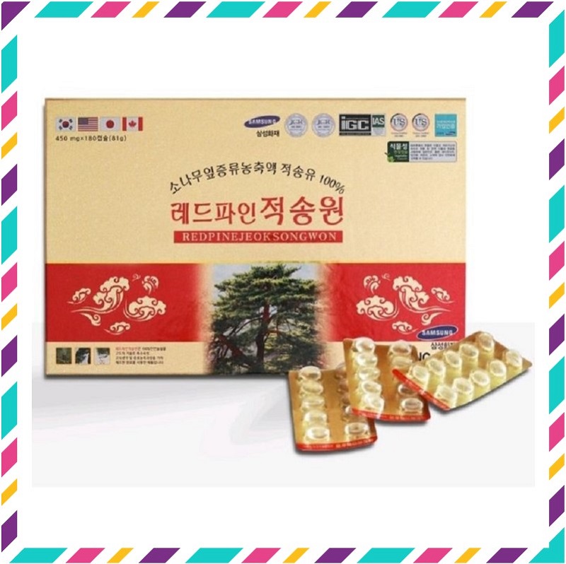 Tinh dầu thông đỏ ch.ính phủ red pine jeok songwon hàn quốc, hộp 180 viên, giúp sạch mỡ máu, ngừa ung thư