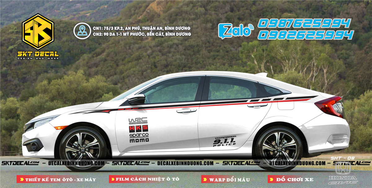 Tem sườn honda civic trắng đen đỏ chỉ 08