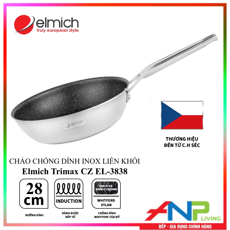 Chảo INOX 3 Lớp Liền Khối, Sâu Lòng, Chống Dính Vân Đá - ELMICH TRI-MAX CZ - Hàng Chính Hãng