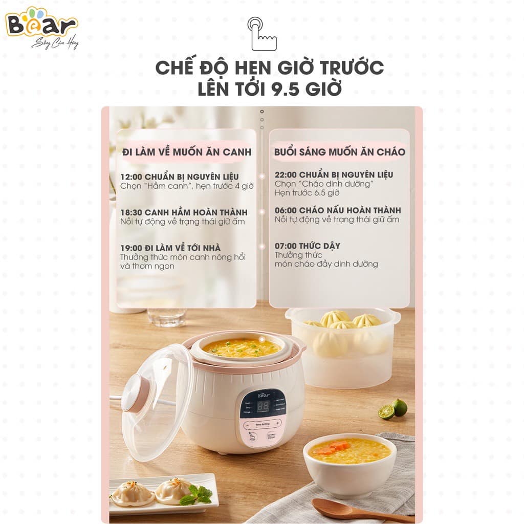 Nồi nấu cháo chậm, cách thủy và ninh hầm Bear 0,8L