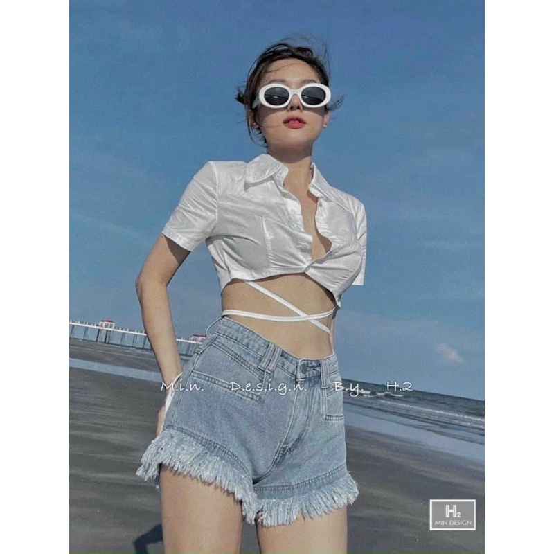 Áo sơ mi croptop kèm dây quấn eo sexy lady