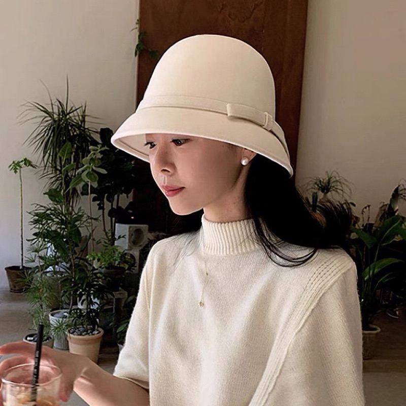 Mũ dạ ép dáng cụp siêu xinh đính nơ thời trang đứng form