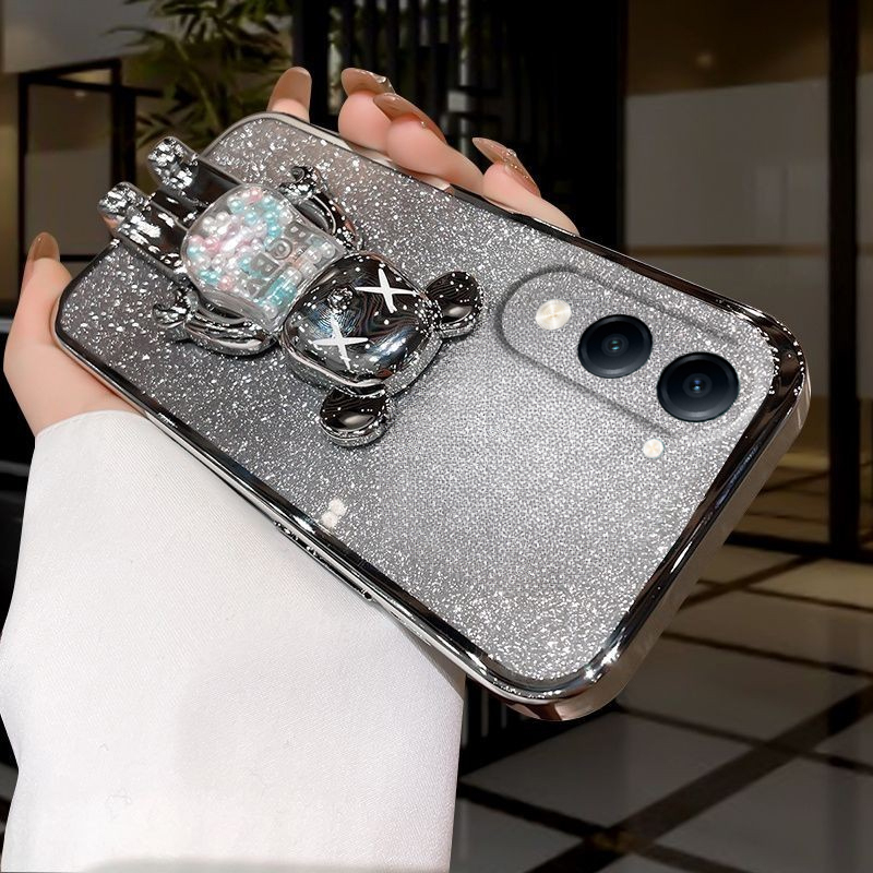 For Vivo Y04 Y29S Case with Cartoon 3D Bear Stand Luxury Slim Gradient Plating Glitter Girls Stylish For Vivo Y29S Y04 Back Cover. 