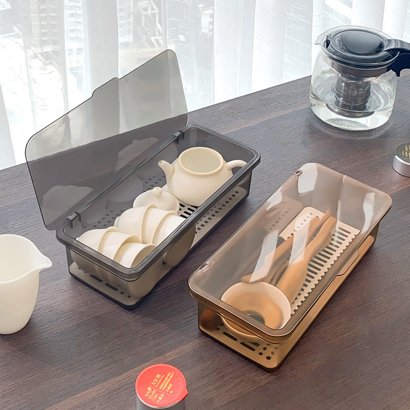 KS Tea set storage box double-layer desktop dust-proof storage box with lid kitchen chopstick storage box drain rack tray