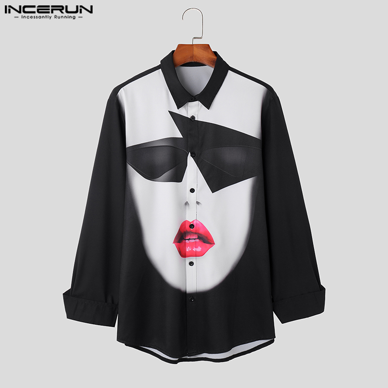 Medussa INCERUN Men's Abstract Printing Long Sleeve Shirts Turn-Down-Collar Button Down Blouse