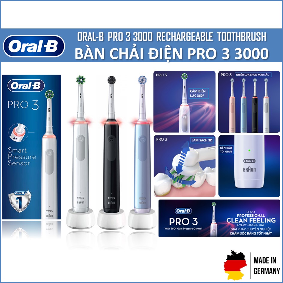 Bàn Chải Điện Oral-B Pro 3 3000 - Cảm Biến Lực 360 Độ, Sạc Đầy Dùng 14 Ngày