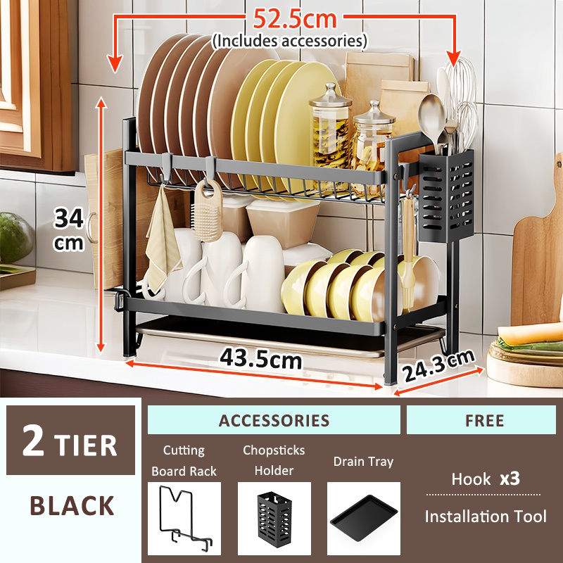 Lifinity 2/3 Tier Dish Rack Wall Mount Adjustable Stainless Steel ...