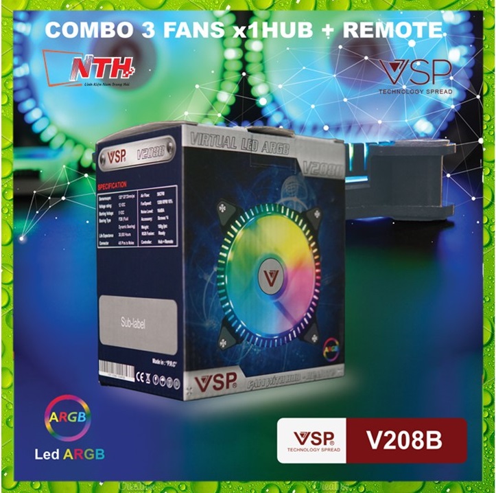 Bộ 3 quạt tản nhiệt VSP V208B LED RGB