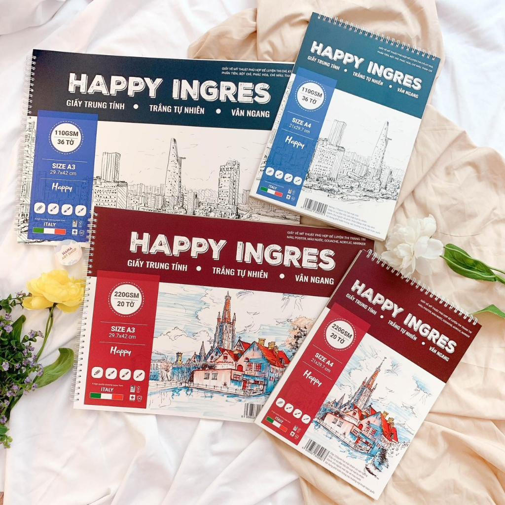 Sổ Vẽ Happy Canson Ingres Vân Ngang A4/A3 220gsm (Giấy vẽ Màu nước, Acrylic, Marker, Màu Sáp...)