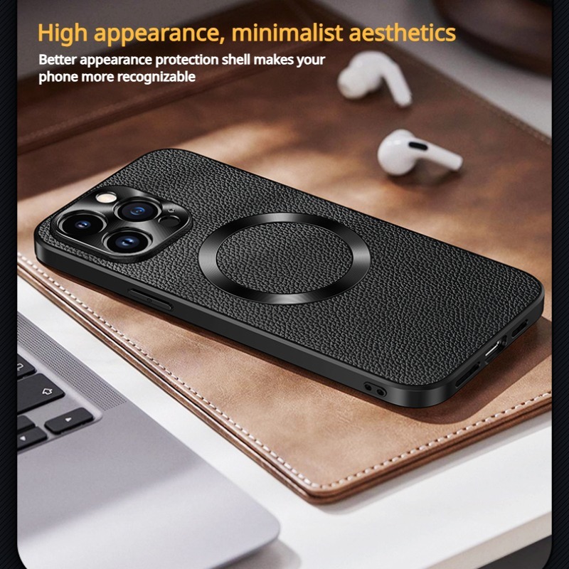 Case for iPhone 12 13 14 15 Pro Max Case Top Cowhide Wireless Charging Case for iPhone 15 Plus Metal Lens Ring Drop-Proof Shockproof Case