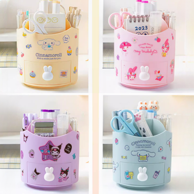 【LuckyBabyFans Store】360° Rotating Sanrio Kuromi Pen Holder Organizer Girls Large Capacity Stationery Box Kawaii Stikers Cinnamoroll.