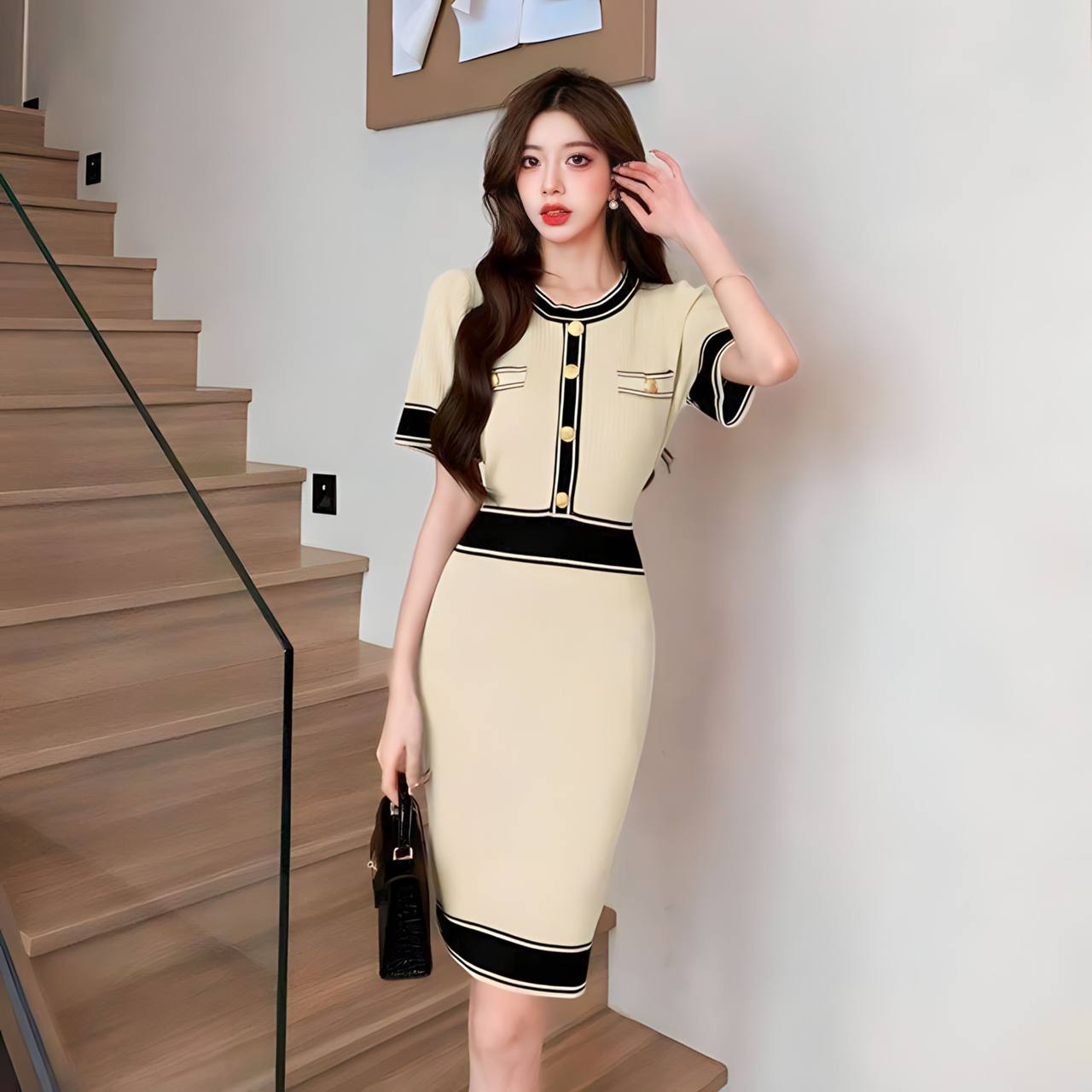 Đầm len body phối màu viền & nút cao cấp đơn giản thoải mái dạo phố chụp hình by4650