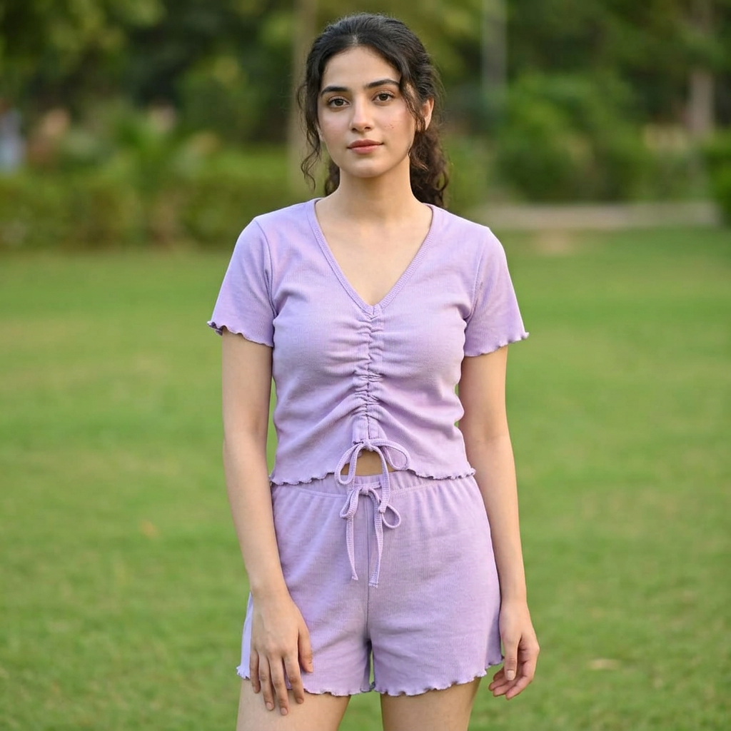 Summer half sleeve Crop Tops and bottom Piping Set for Women