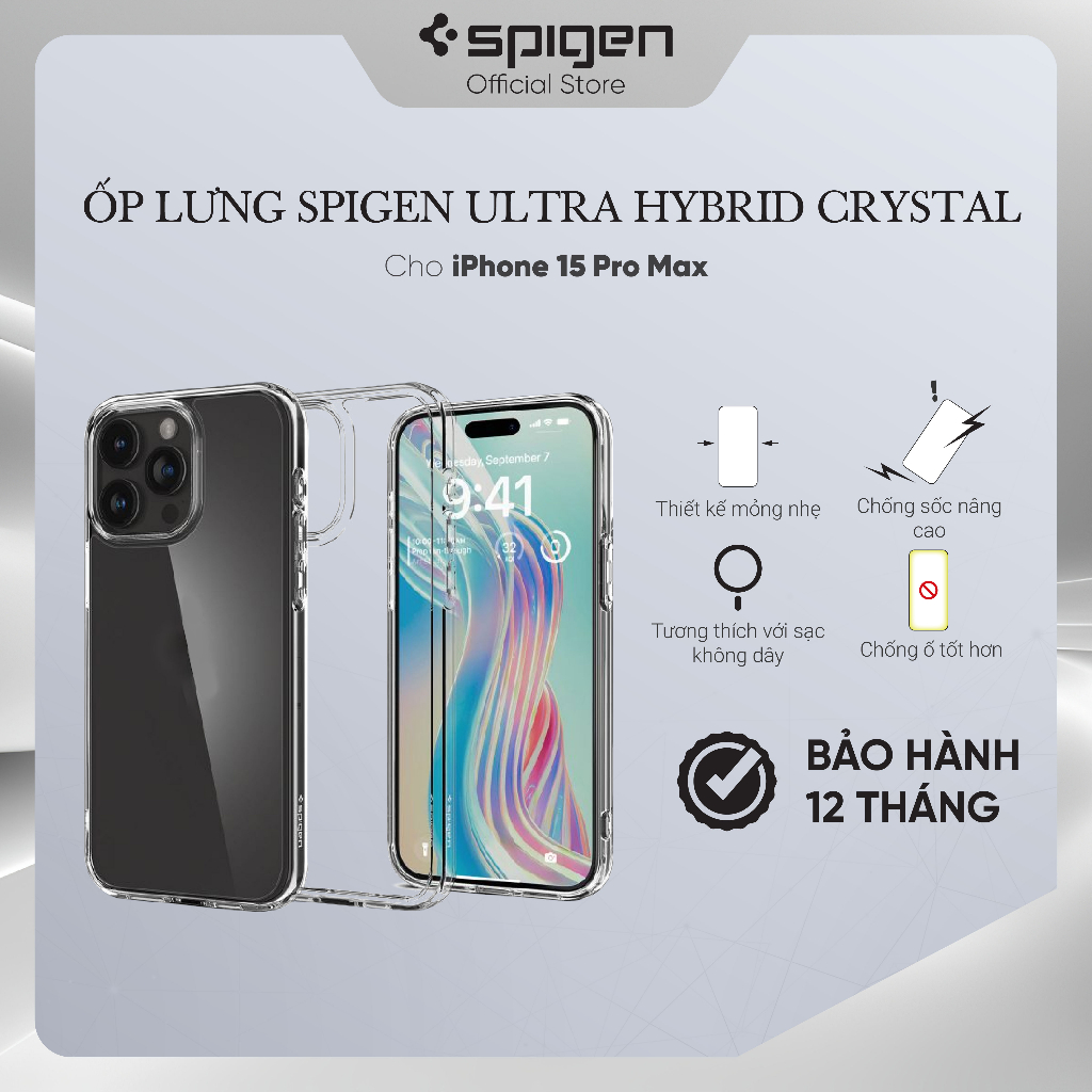 Ốp lưng spigen cho iphone 15/ 15 plus/ 15 pro/ 15 pro max ultra hybrid crystal clear - hàng chính hãng