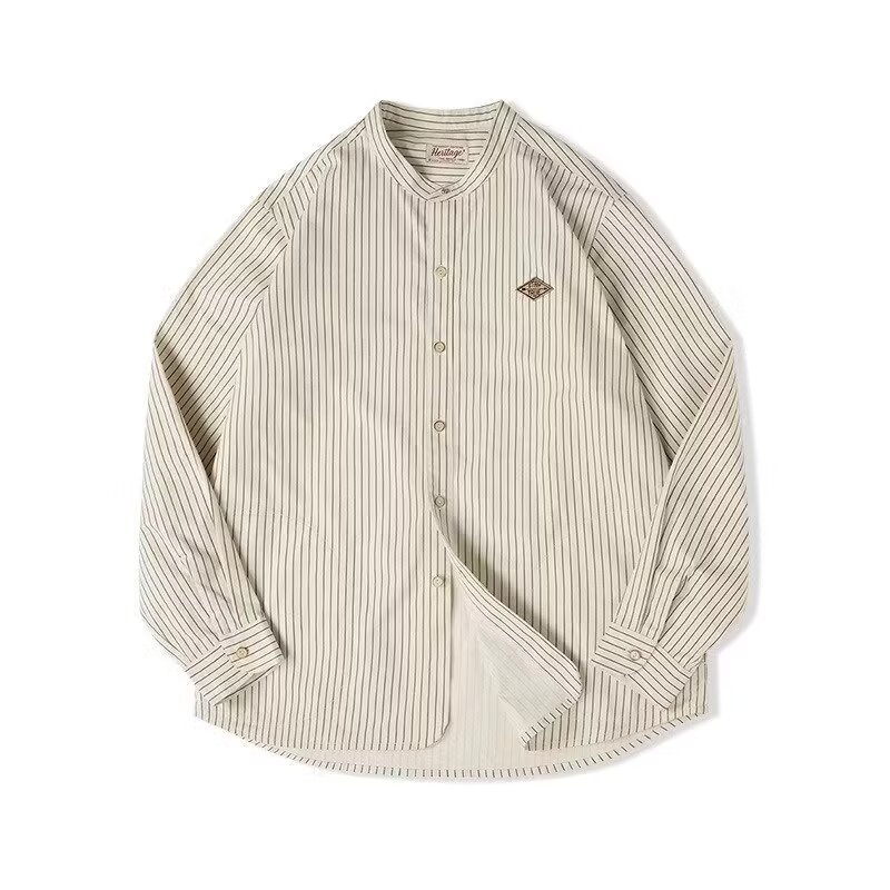 MOLAN Men's long-sleeved shirt vintage vertical fine striped work jacket vertical collar loose shirt jacket