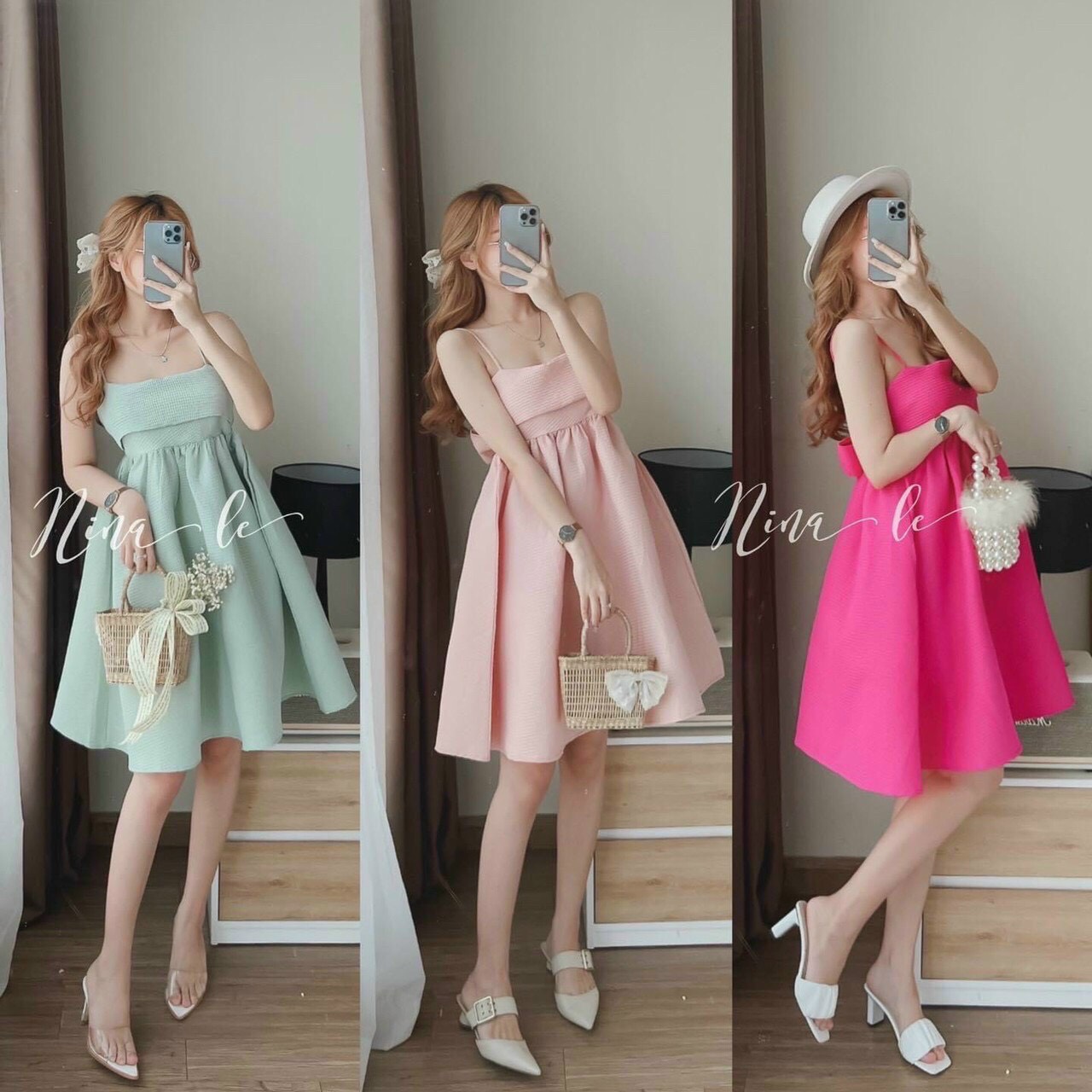 Đầm nữ, đầm 2 dây dáng xòe cột nơ sau lưng (có mút)