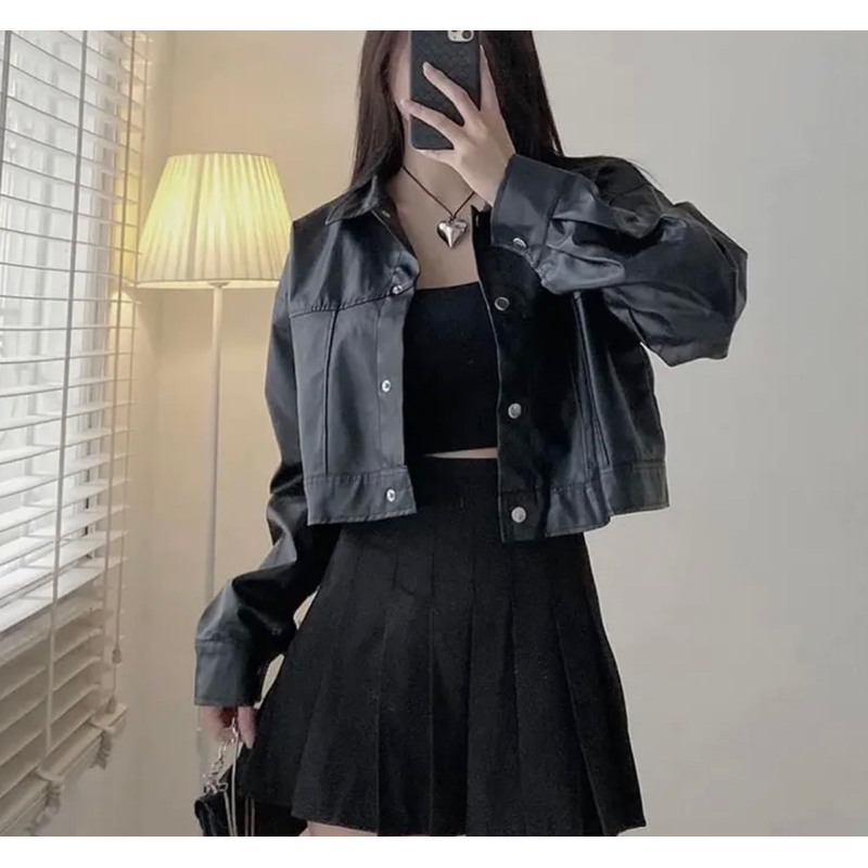 Áo khoác da croptop nữ xinh