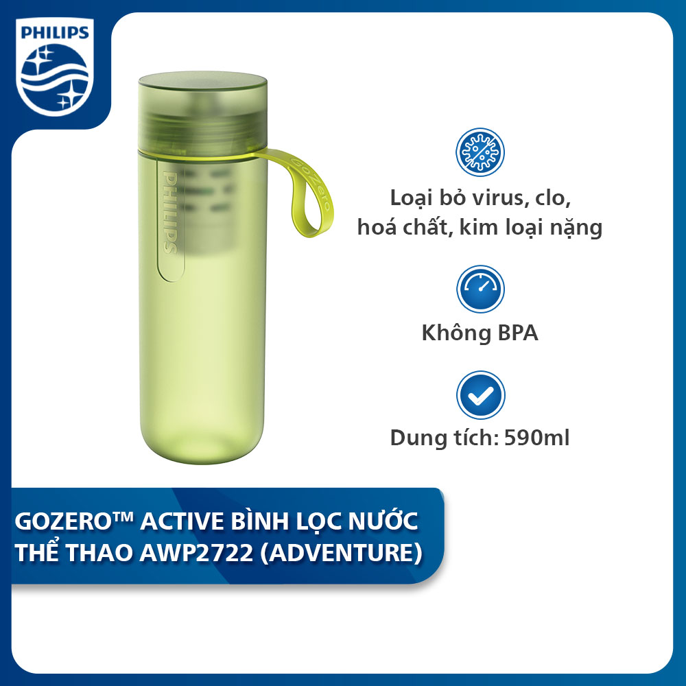 Bình lọc nước uống thể thao Philips GoZero AWP2722 (lõi lọc hấp thụ điện, loại bỏ mầm bệnh và virus)