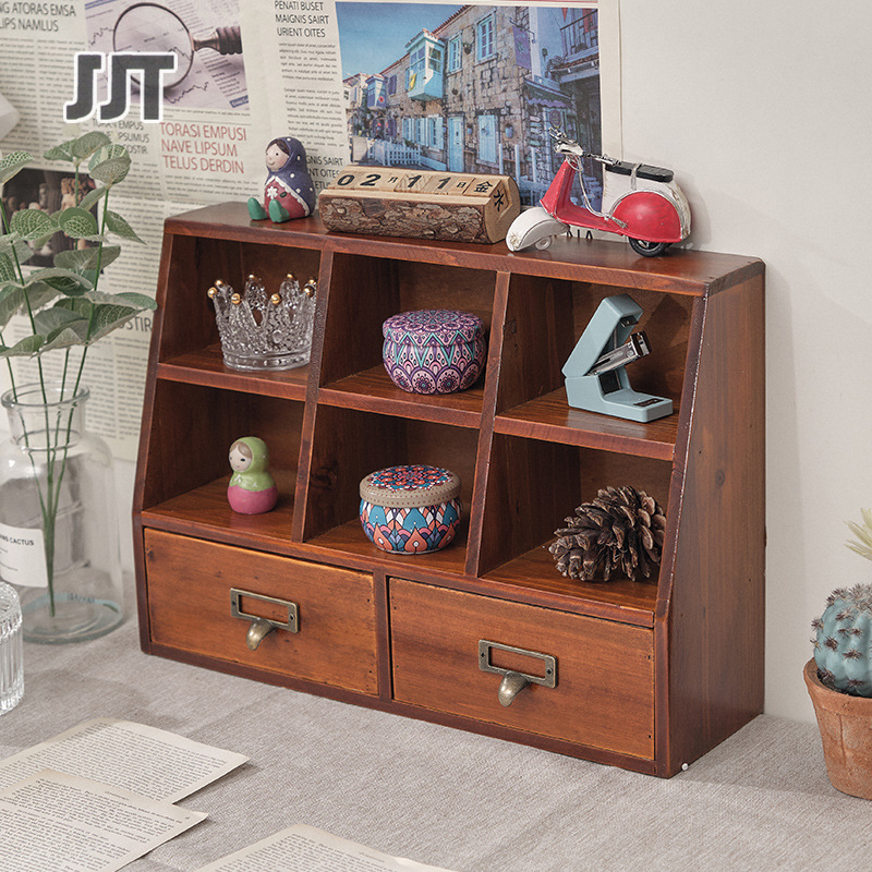 JJT [Miễn Phí Vận Chuyển]3-ngăn 2-ngăn kéo Retro đa chức năng lưu trữ hộp hiển thị tủ trưng bày gỗ đặc Máy tính để bàn ngăn kéo lưu trữ tủ Tủ lưu trữ
